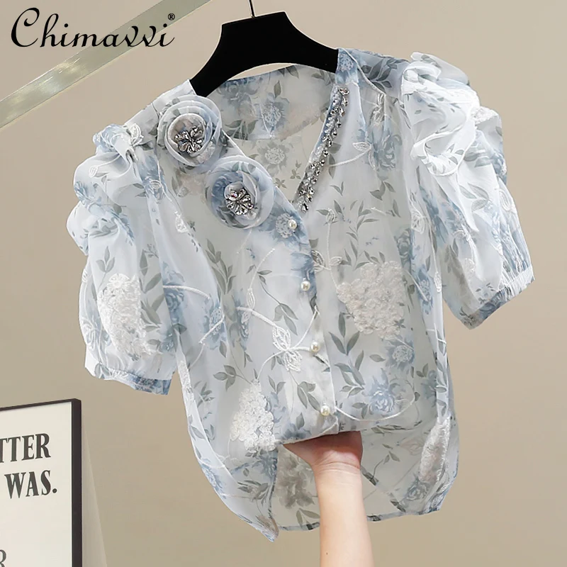 Fashion Heavy Diamond 3D Flower Floral Bubble Sleeve Shirt 2025 Summer New Fashion Slim-fit Sweet Girls Temperament Blouse Tops
Fashion Heavy Diamond 3D Flower Floral Bubble Sleeve Shirt 2025 Summer New Fashion Slim-fit Sweet Girls Temperament Blouse Tops