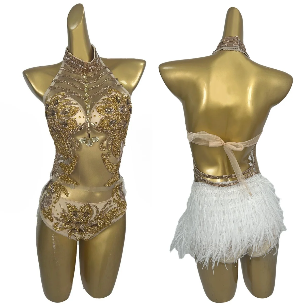 Golden Rhinestone See Through Mesh Sparkly Bodysuit with Gloves Sexy Women Dance Stage Performance Wear Feather Catsuit Jinyumao
Golden Rhinestone See Through Mesh Sparkly Bodysuit with Gloves Sexy Women Dance Stage Performance Wear Feather Catsuit Jinyumao