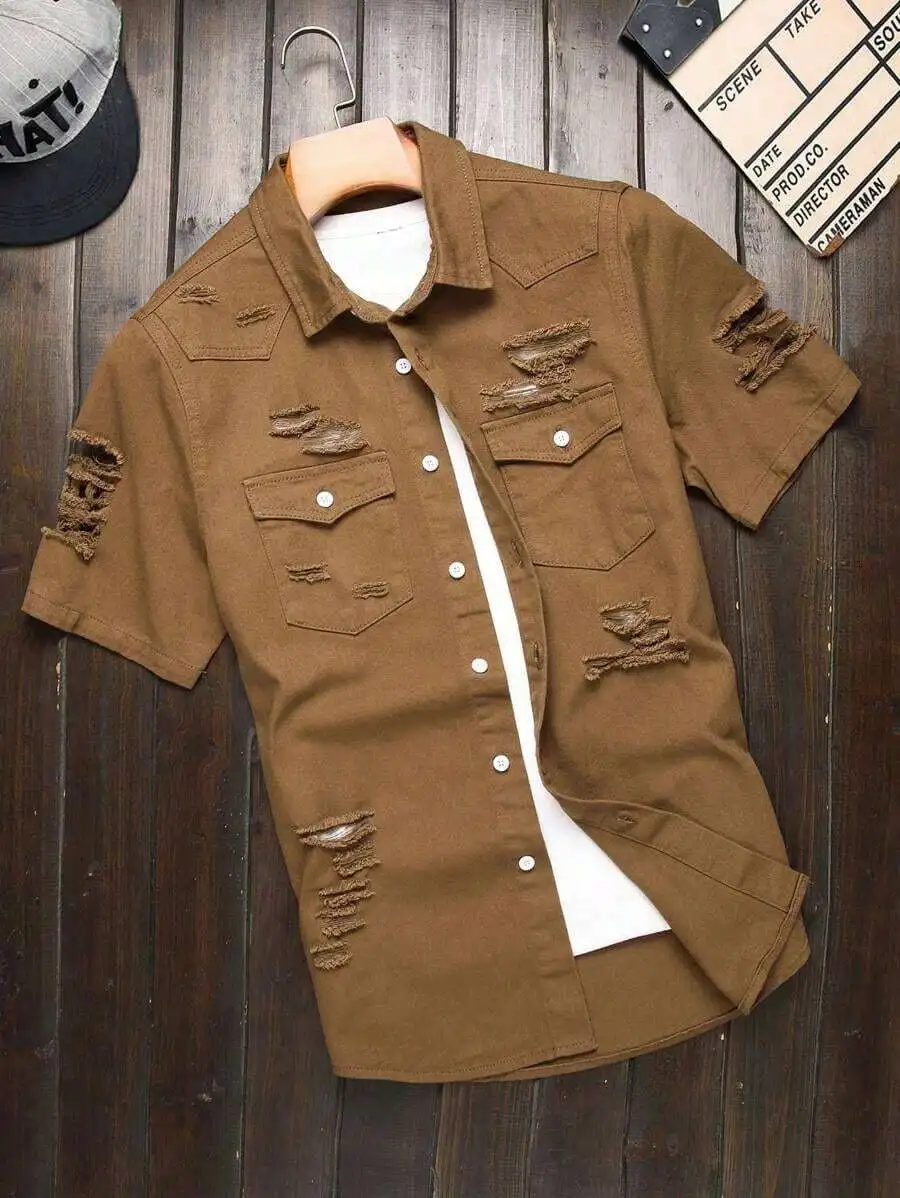 Men Ripped Denim Shirt With Flap Pockets Short Sleeve Casual Button Up
Men Ripped Denim Shirt With Flap Pockets Short Sleeve Casual Button Up