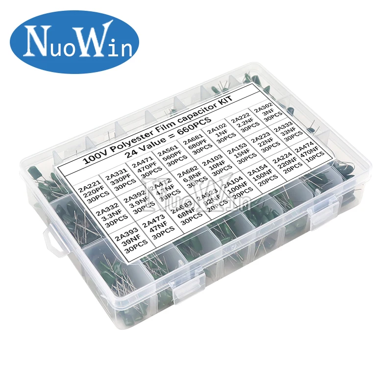 660pcs 24Values Polyester Film Capacitor Assortment Kit 100V 2A471J 2A102J 2A103J 2A223J 2A104J 2A154J 2A474J Capacitance Set
660pcs 24Values Polyester Film Capacitor Assortment Kit 100V 2A471J 2A102J 2A103J 2A223J 2A104J 2A154J 2A474J Capacitance Set