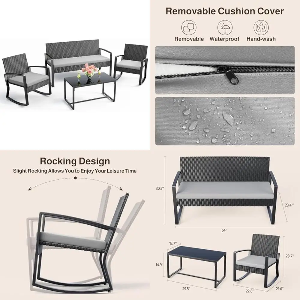 Набор мебели для патио из 4 предметов с плетеными стульями и журнальным столиком со стеклянной столешницей, идеально подходит для отдыха на заднем дворе 
Набор мебели для патио из 4 предметов с плетеными стульями и журнальным столиком со стеклянной столешницей, идеально подходит для отдыха на заднем дворе