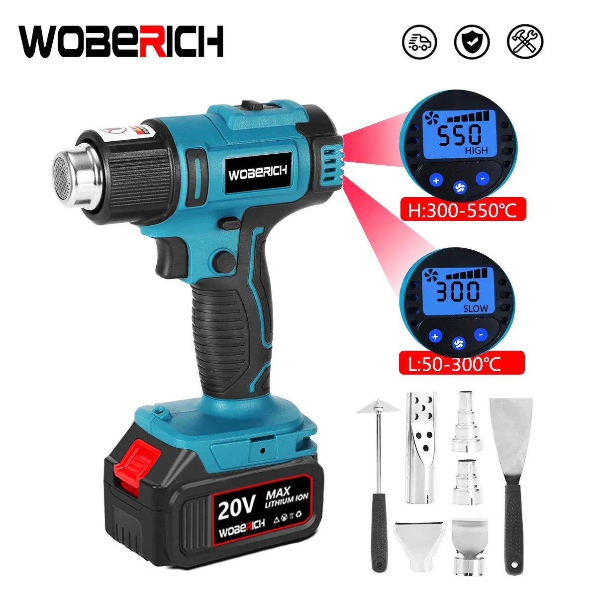 50-550℃ Cordless Heat Gun Wind Speed 6 Gear LED Temperature Display Industrial Home Hot Air Gun For Makita 18V Battery
50-550℃ Cordless Heat Gun Wind Speed 6 Gear LED Temperature Display Industrial Home Hot Air Gun For Makita 18V Battery