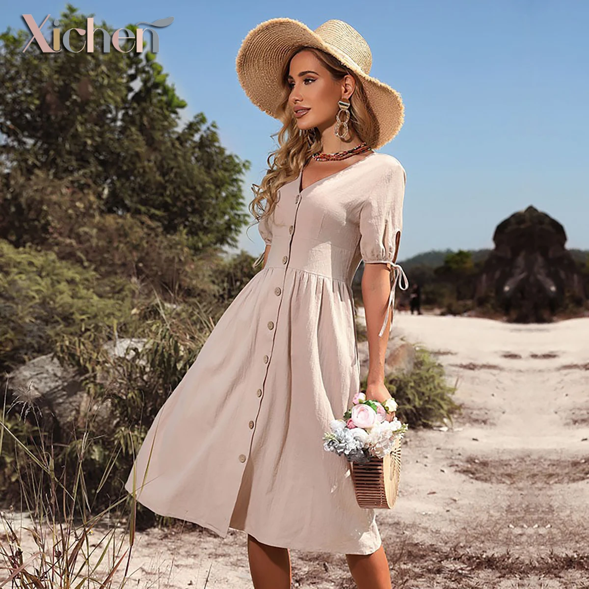 Women's Polyester Blend Dress - Flowy Puff Sleeve Midi with Button Front for Vacation & Garden Parties
Women's Polyester Blend Dress - Flowy Puff Sleeve Midi with Button Front for Vacation & Garden Parties