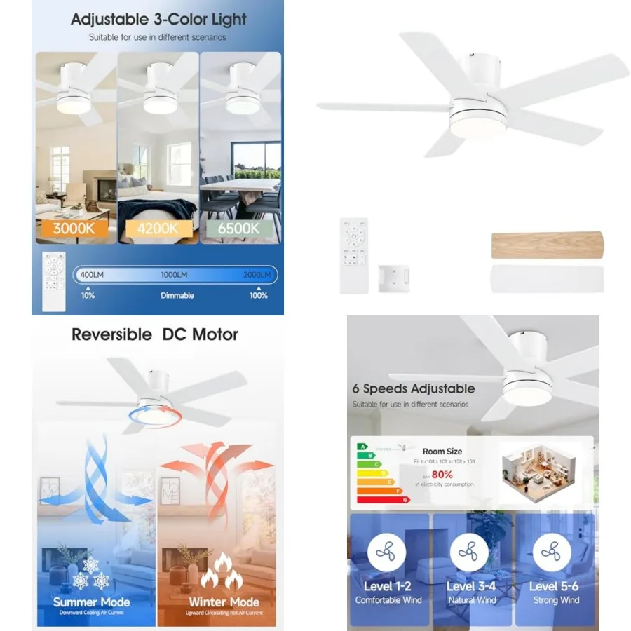 Ceiling Fan with Light, Flush Mount and Remote Control, Dimmable 3-Color Temperature LED, 6-Speed Reversible DC Motor, 5-Blade
Ceiling Fan with Light, Flush Mount and Remote Control, Dimmable 3-Color Temperature LED, 6-Speed Reversible DC Motor, 5-Blade