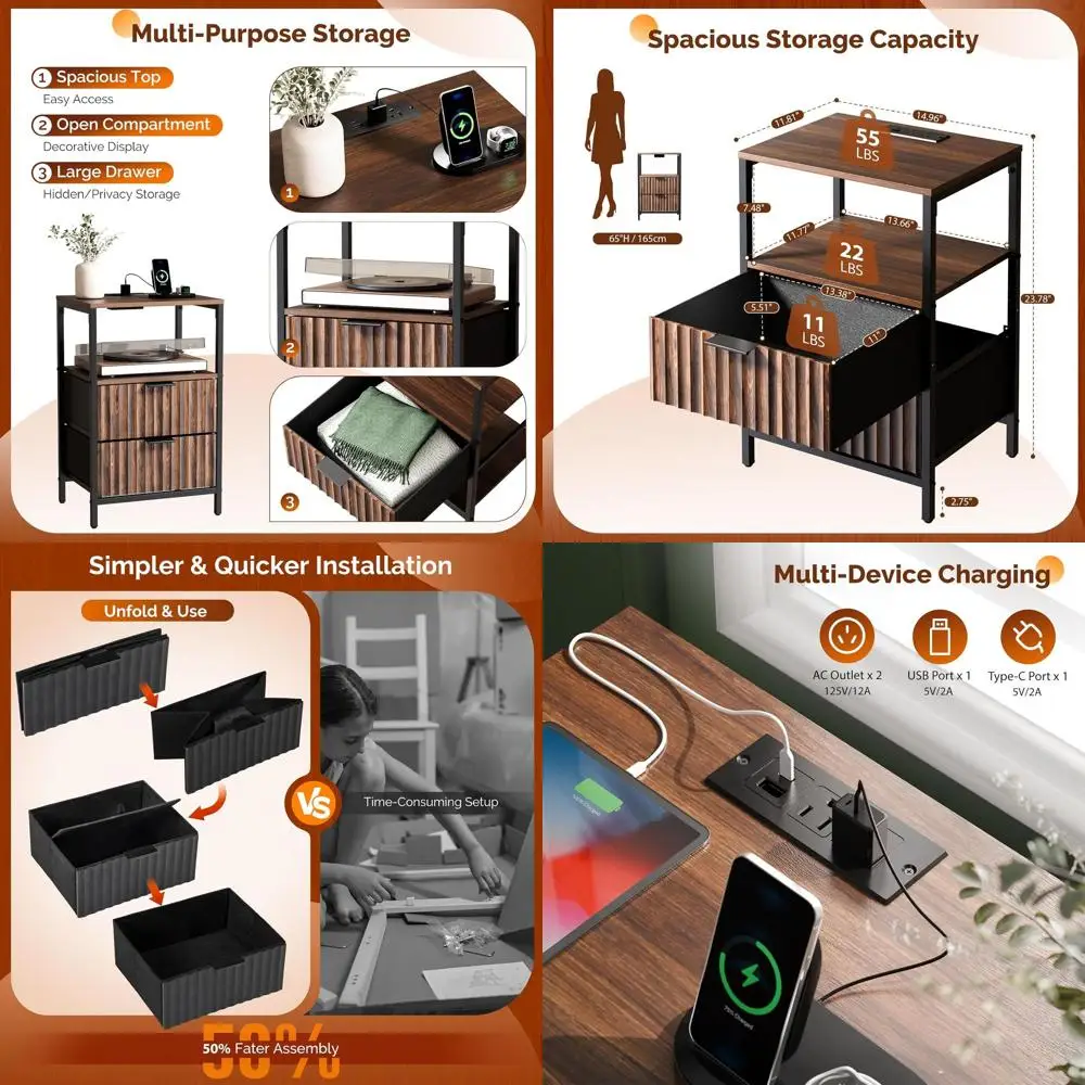 Pair of Walnut Nightstands with Charging Stations, Fluted Drawers, Fabric Lining, Ideal for Bedside Use
Pair of Walnut Nightstands with Charging Stations, Fluted Drawers, Fabric Lining, Ideal for Bedside Use