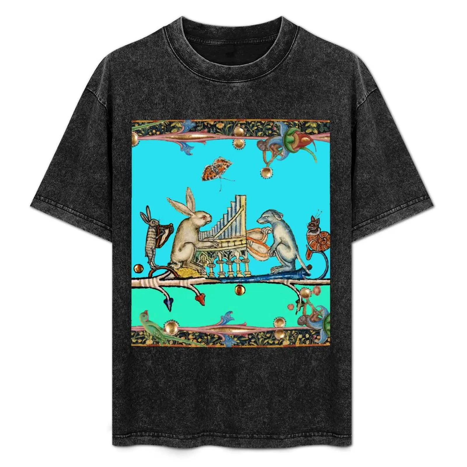 WEIRD MEDIEVAL BESTIARY MAKING MUSIC,White Rabbit And Dog Playing Organ, Harpist Hare, Snail Cat in Blue T-Shirt
WEIRD MEDIEVAL BESTIARY MAKING MUSIC,White Rabbit And Dog Playing Organ, Harpist Hare, Snail Cat in Blue T-Shirt
