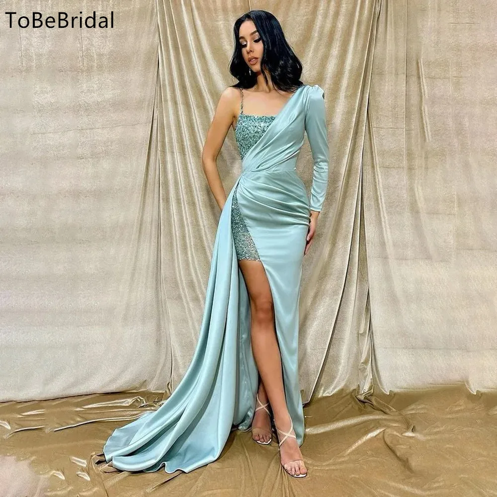 Luxurious Evening Dresses One Shoulder Long Sleeve Beaded Glitter Folded Mermaid Prom Dresses Vestido de Fiesta Customized
Luxurious Evening Dresses One Shoulder Long Sleeve Beaded Glitter Folded Mermaid Prom Dresses Vestido de Fiesta Customized