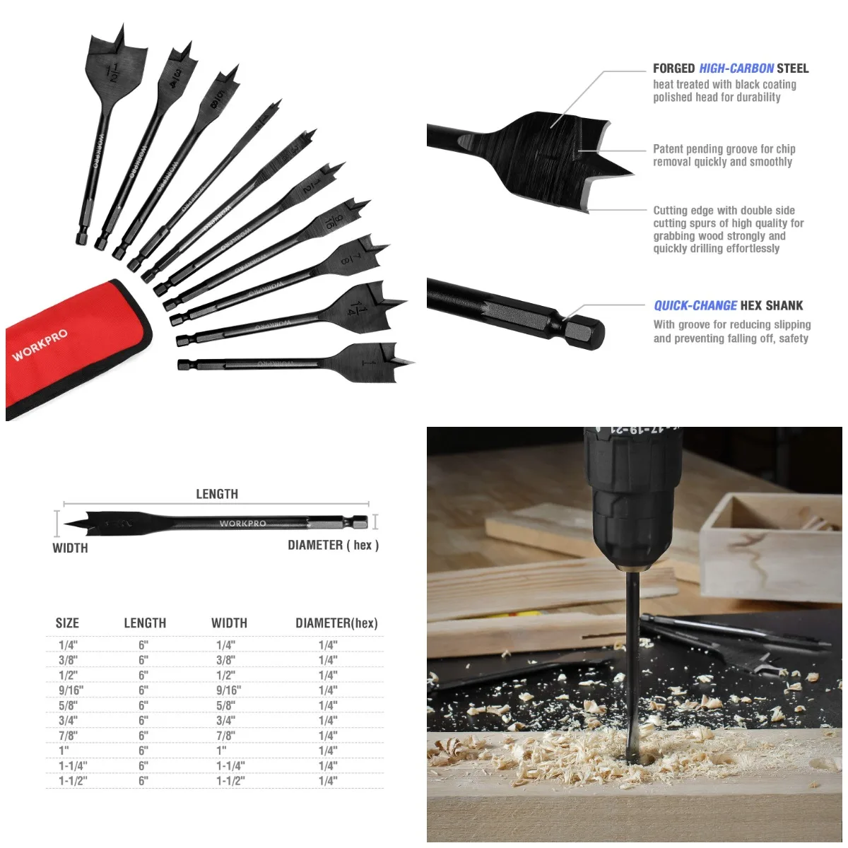 10-Piece Pro Spade Drill Bit Set, Black Coated, Carbon Steel, 1/4' to 1-1/2', Woodworking Bits with Storage Case
10-Piece Pro Spade Drill Bit Set, Black Coated, Carbon Steel, 1/4' to 1-1/2', Woodworking Bits with Storage Case