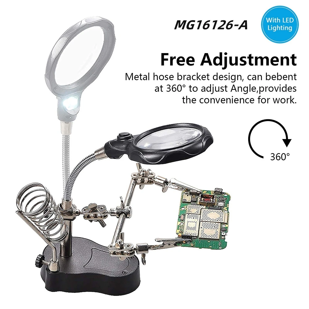 Desktop LED lighting magnifying glass welding table 3.5x 12x assistant magnifying glass welding table, used for welding PCB
Desktop LED lighting magnifying glass welding table 3.5x 12x assistant magnifying glass welding table, used for welding PCB