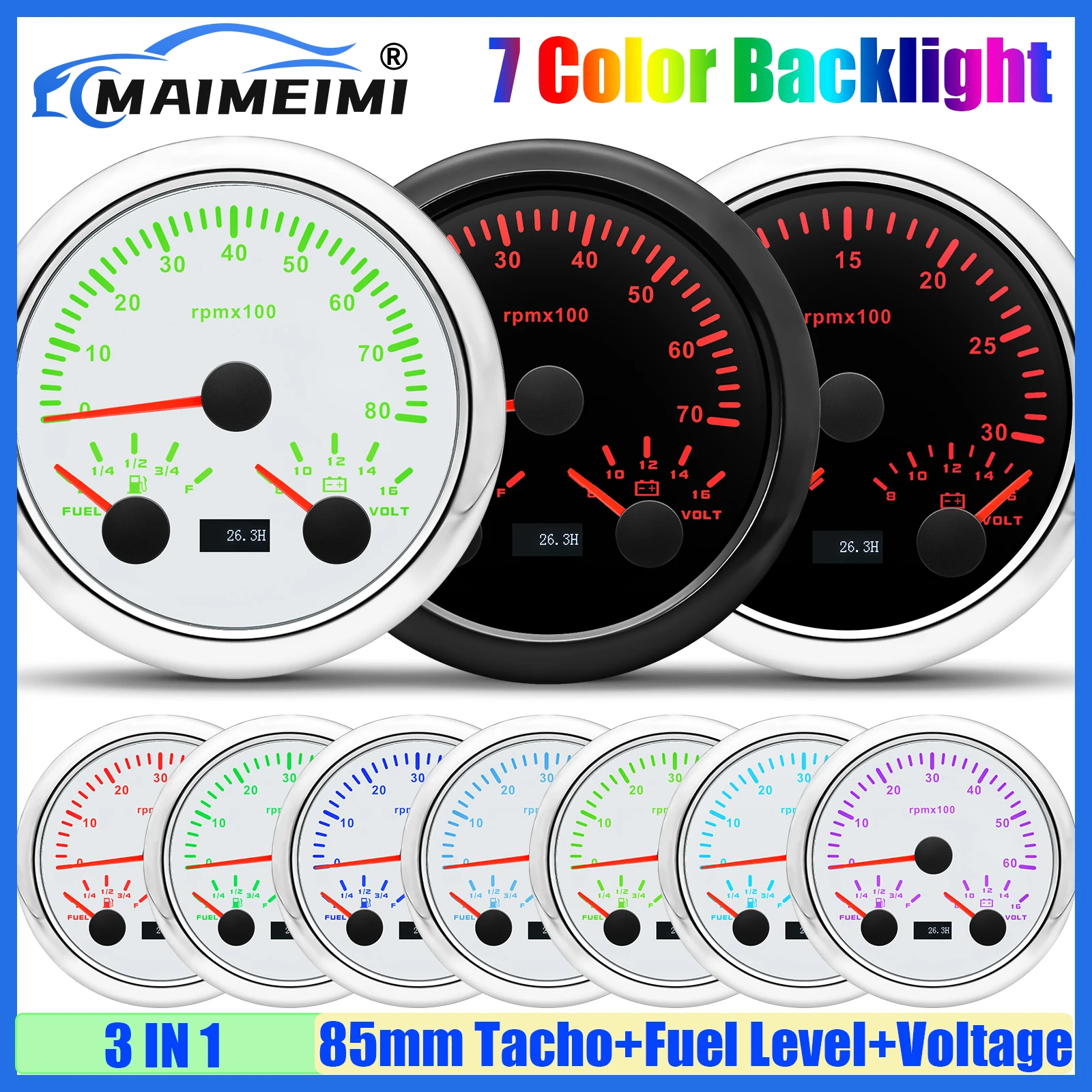 7 Color LED 85mm Gauge 3000RPM,4000RPM,6000RPM,7000RPM,8000RPM Tachometer+Fuel Level Gauge+Voltmeter for Car Boat Marine Yacht
7 Color LED 85mm Gauge 3000RPM,4000RPM,6000RPM,7000RPM,8000RPM Tachometer+Fuel Level Gauge+Voltmeter for Car Boat Marine Yacht
