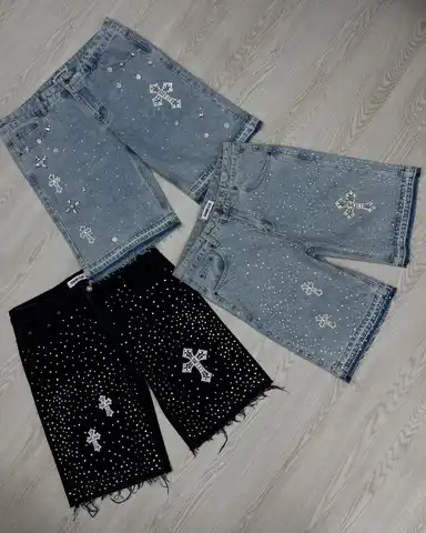 Streetwear Vintage Cross Rhinestone Sequin Denim Shorts Y2K Mens Womens Vintage Washed Baggy Casual Shorts Over The Knee Pants