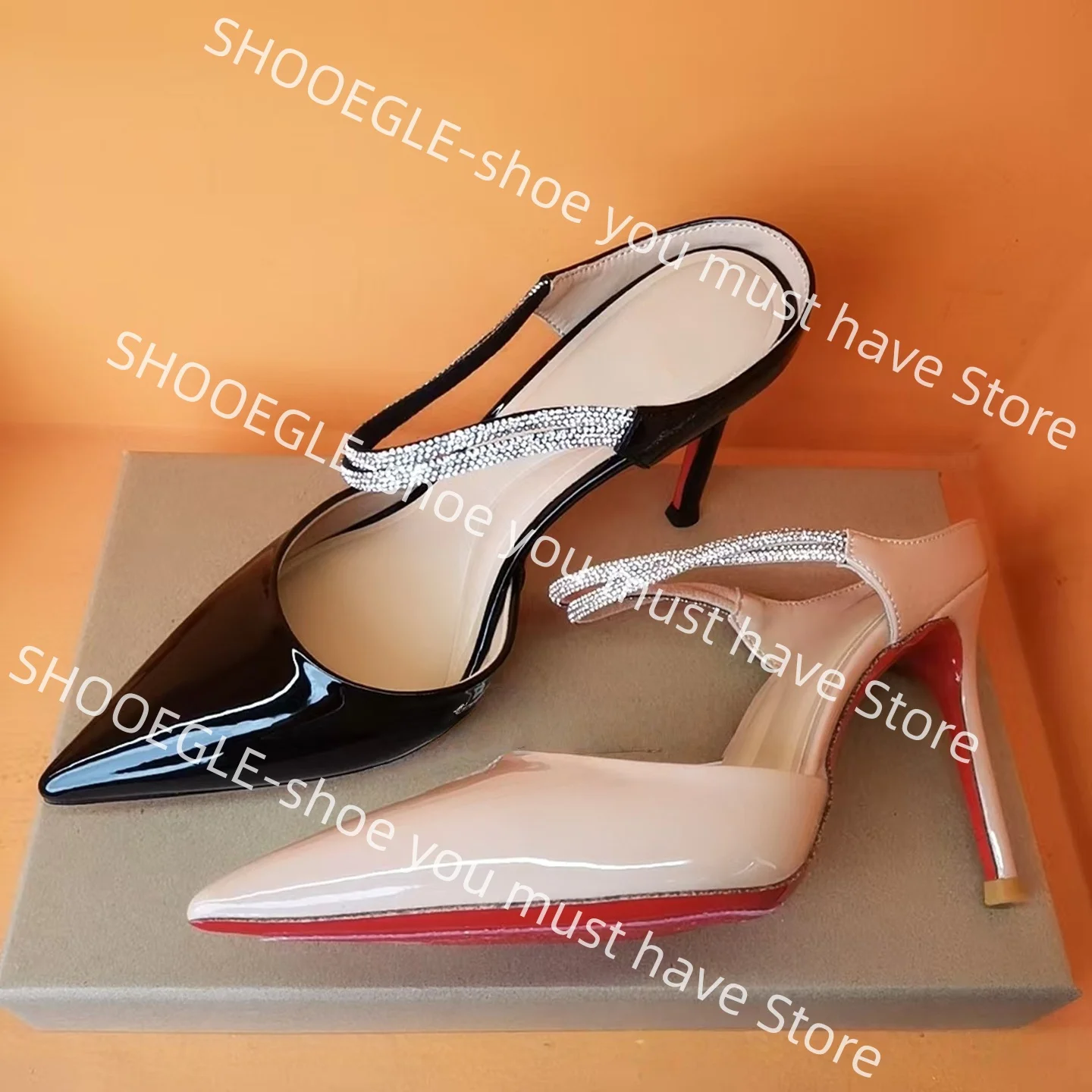 Women's Patent Leather Slingback Stiletto Heels Rhinestone Strap Elegant Pumps Pointed Toe Ladies Classic Office Slippers
Women's Patent Leather Slingback Stiletto Heels Rhinestone Strap Elegant Pumps Pointed Toe Ladies Classic Office Slippers