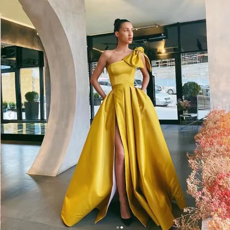 Customized Simple Satin Evening Dresses Long High Side Split Prom Dresses One Shoulder Gold Party Gown Vestidos De Fiesta
Customized Simple Satin Evening Dresses Long High Side Split Prom Dresses One Shoulder Gold Party Gown Vestidos De Fiesta