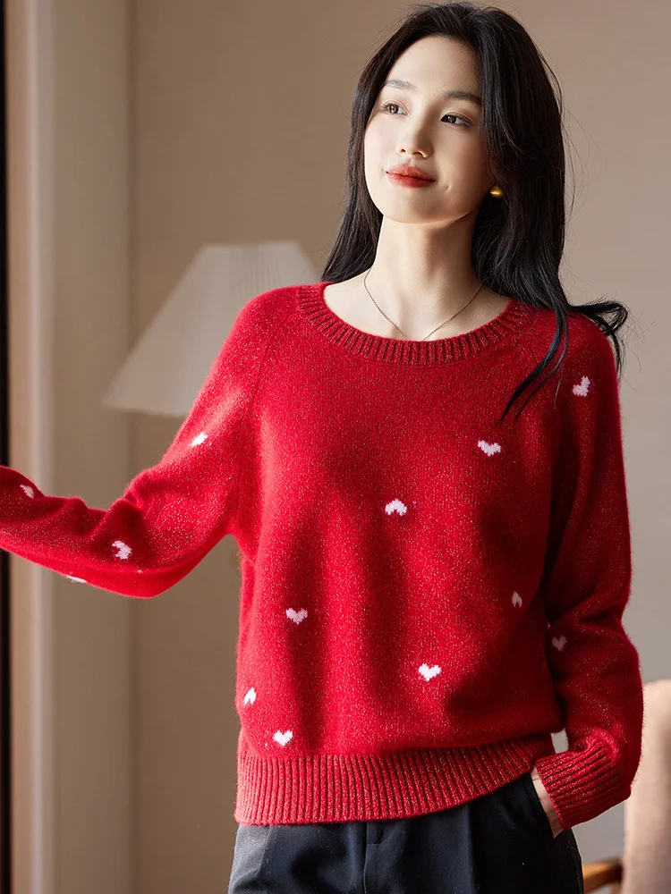 Autumn/Winter New 100% Merino Wool Sweater Love Heart Jacquard Knit O-Neck Long Sleeve Pullover Fashion Casual Tops Lady Clothes
Autumn/Winter New 100% Merino Wool Sweater Love Heart Jacquard Knit O-Neck Long Sleeve Pullover Fashion Casual Tops Lady Clothes