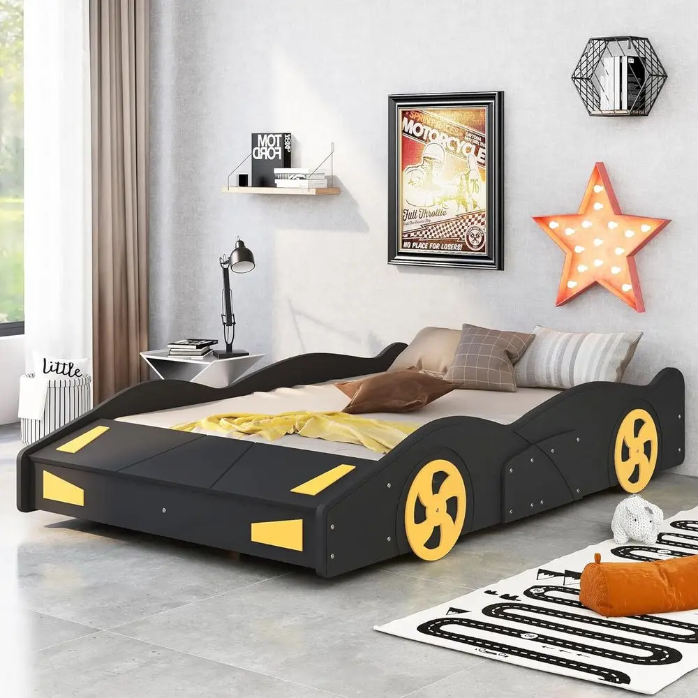 Full-Size Kids Race Car Bed, Wooden Platform with Storage & Wheels, No Box Spring, Black and Yellow
Full-Size Kids Race Car Bed, Wooden Platform with Storage & Wheels, No Box Spring, Black and Yellow