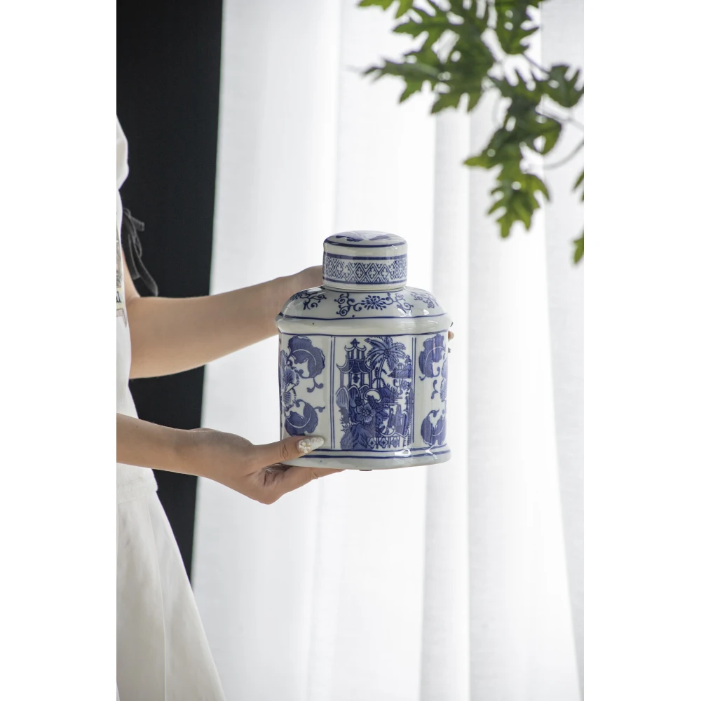 6.2x4.8x8" Ren Blue and White Oval Jar with Lid
6.2x4.8x8" Ren Blue and White Oval Jar with Lid