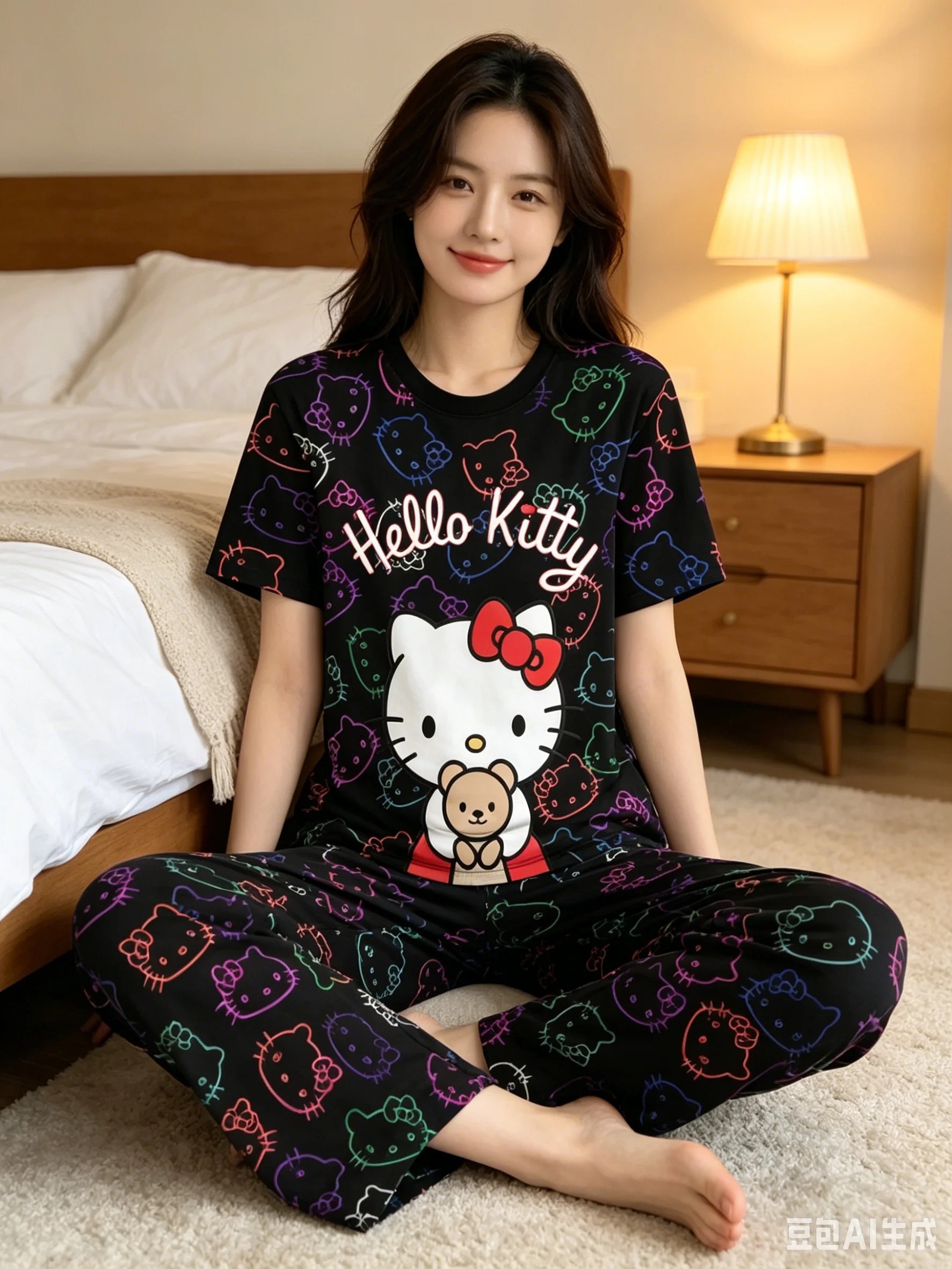 Hot selling Hello Kitty children's and adult 3D summer breathable short sleeved+long pants loose home parent-child suit set
Hot selling Hello Kitty children's and adult 3D summer breathable short sleeved+long pants loose home parent-child suit set