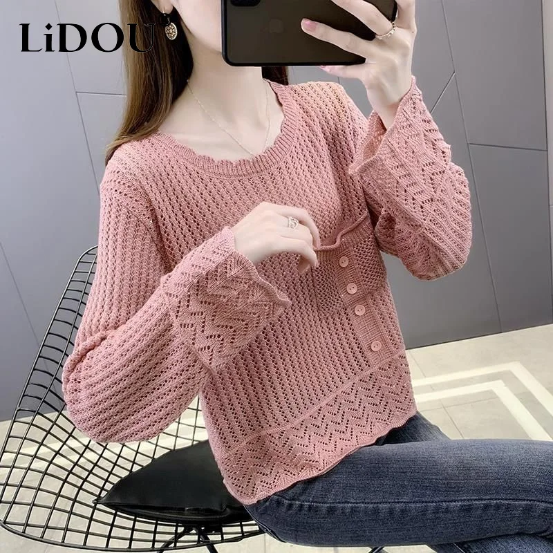 Spring Autumn New Solid Color Round Neck Long Sleeve Loose Hollow Out Knitting Pullovers Women Thin Style Pockets All-match Tops
Spring Autumn New Solid Color Round Neck Long Sleeve Loose Hollow Out Knitting Pullovers Women Thin Style Pockets All-match Tops