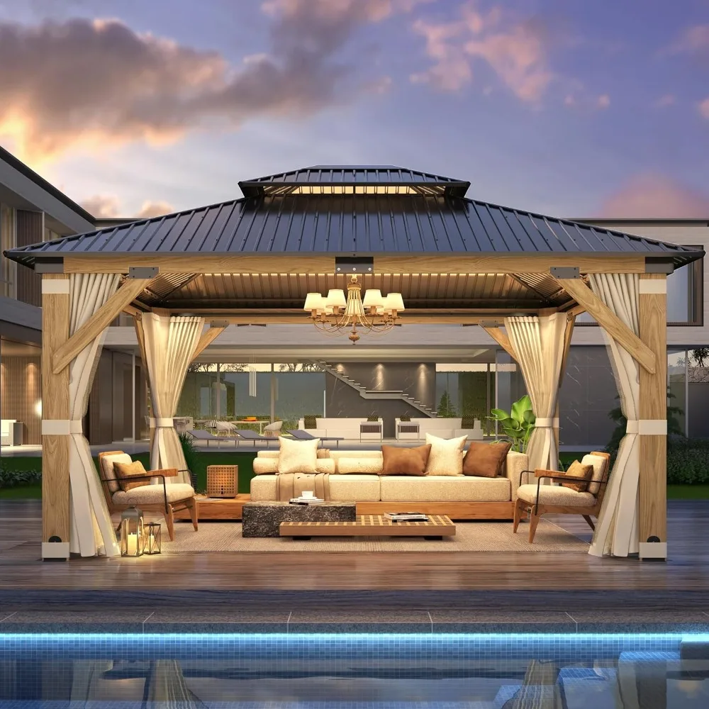 13’x15’ Patio Wooden Gazebo, Galvanized Steel Roof Gazebo with Privacy Curtains and Netting, Double Vented Roof Hardtop
13’x15’ Patio Wooden Gazebo, Galvanized Steel Roof Gazebo with Privacy Curtains and Netting, Double Vented Roof Hardtop