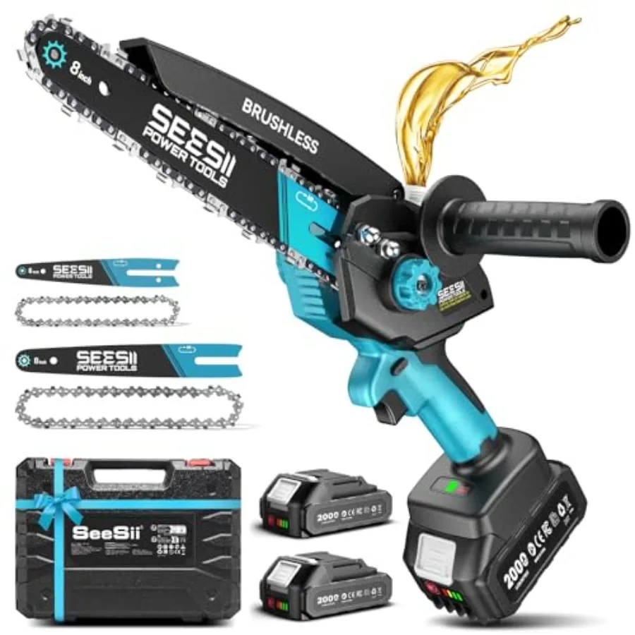 Cordless mini chainsaw for garden wood cutting 8-inch and 6-inch bar brushless 1000W motor black and gray includes 2 batteries
Cordless mini chainsaw for garden wood cutting 8-inch and 6-inch bar brushless 1000W motor black and gray includes 2 batteries