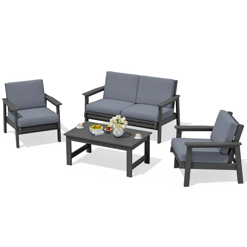 4 Piece HDPE Outdoor Furniture Set, All Weather WoodLike Outdoor Sofa Sectional Couch, Grey Patio Furniture Set with Grey Cushi
4 Piece HDPE Outdoor Furniture Set, All Weather WoodLike Outdoor Sofa Sectional Couch, Grey Patio Furniture Set with Grey Cushi