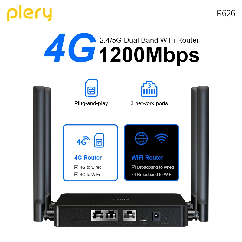 Plery WIFI5 1200Mbps 4G LTE Router 2.4G/5.8G WiFi Routers 2*LAN Ports 4G Router Nano SIM Card WPA3 For Home/Travel/Outdoor Use
Plery WIFI5 1200Mbps 4G LTE Router 2.4G/5.8G WiFi Routers 2*LAN Ports 4G Router Nano SIM Card WPA3 For Home/Travel/Outdoor Use