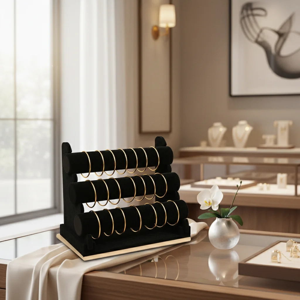 Velvet Three Tier Bracelet Display Stand for Jewelry and Watches with Sturdy Metal Frame
Velvet Three Tier Bracelet Display Stand for Jewelry and Watches with Sturdy Metal Frame