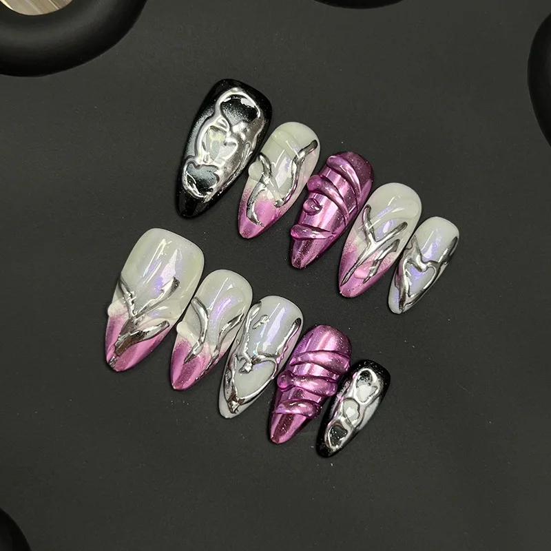 10pcs Y2K Metallic Silver Handmade Nails 3D Line Heart Gradient Pink Black Aurora Fake Nail Short Almond False Nail for Women
10pcs Y2K Metallic Silver Handmade Nails 3D Line Heart Gradient Pink Black Aurora Fake Nail Short Almond False Nail for Women
