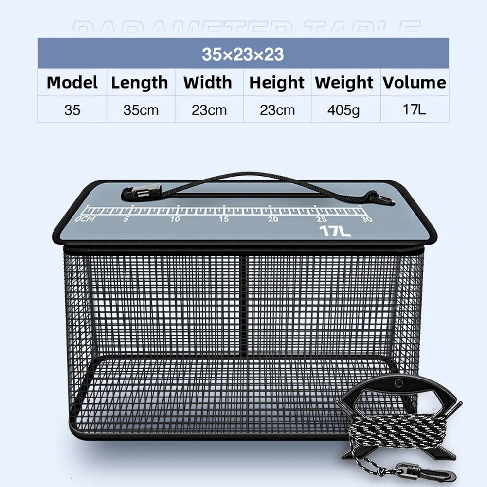 Rubber coated mesh fishing basket with foldable design for sea rock shore use includes 5m tether and built-in length ruler
Rubber coated mesh fishing basket with foldable design for sea rock shore use includes 5m tether and built-in length ruler