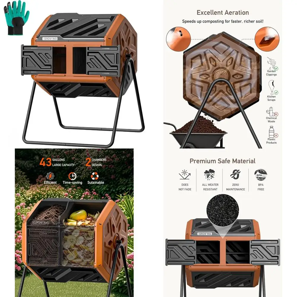 Expandable 43 Gallon Dual Chamber Tumbling Composter for Outdoor Use - Fast Assembly and Easy Rotation 
Expandable 43 Gallon Dual Chamber Tumbling Composter for Outdoor Use - Fast Assembly and Easy Rotation