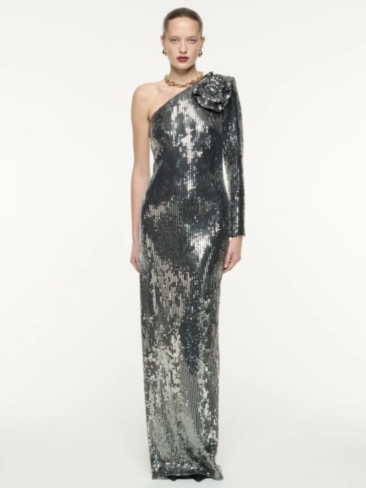 Sexy One Shoulder 3D Floral Sequins Long Dress Women Sliver Long Sleeve Flower Sequin High Slit Slim Dresses Party Evening Gowns
Sexy One Shoulder 3D Floral Sequins Long Dress Women Sliver Long Sleeve Flower Sequin High Slit Slim Dresses Party Evening Gowns