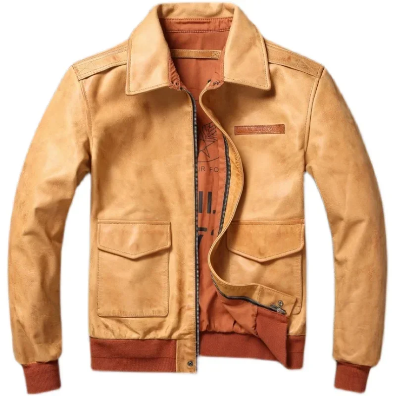 Classic Flight A2 Pilot Jacket Vintage Dirty Yellow Oil Waxed Cowhide Genuine Leather Jacket Men Aviator Jackets Male Coats
Classic Flight A2 Pilot Jacket Vintage Dirty Yellow Oil Waxed Cowhide Genuine Leather Jacket Men Aviator Jackets Male Coats