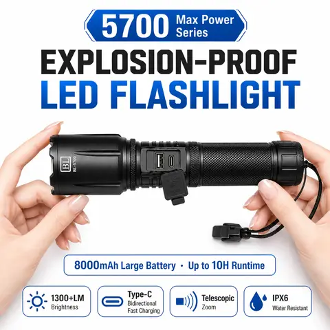 High Lumen Rechargeable LED Flashlight 8000mAh Explosion Proof Zoom Torch Type-C 2-Way Fast Charge 3 Modes IPX6 Outdoor Light