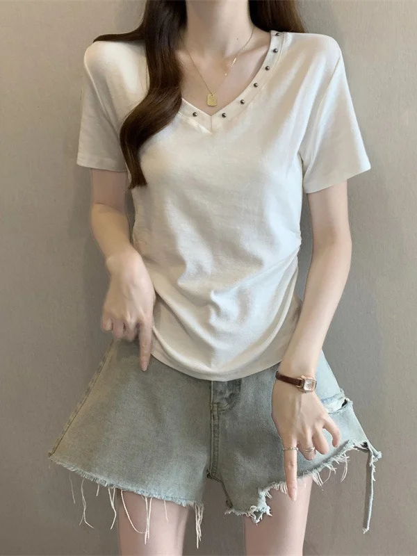 Premium Feel Rivet V-neck Short Sleeve Irregular Shoulder Women's T-shirt Spring Summer New Style plus Size Trendy Top
Premium Feel Rivet V-neck Short Sleeve Irregular Shoulder Women's T-shirt Spring Summer New Style plus Size Trendy Top