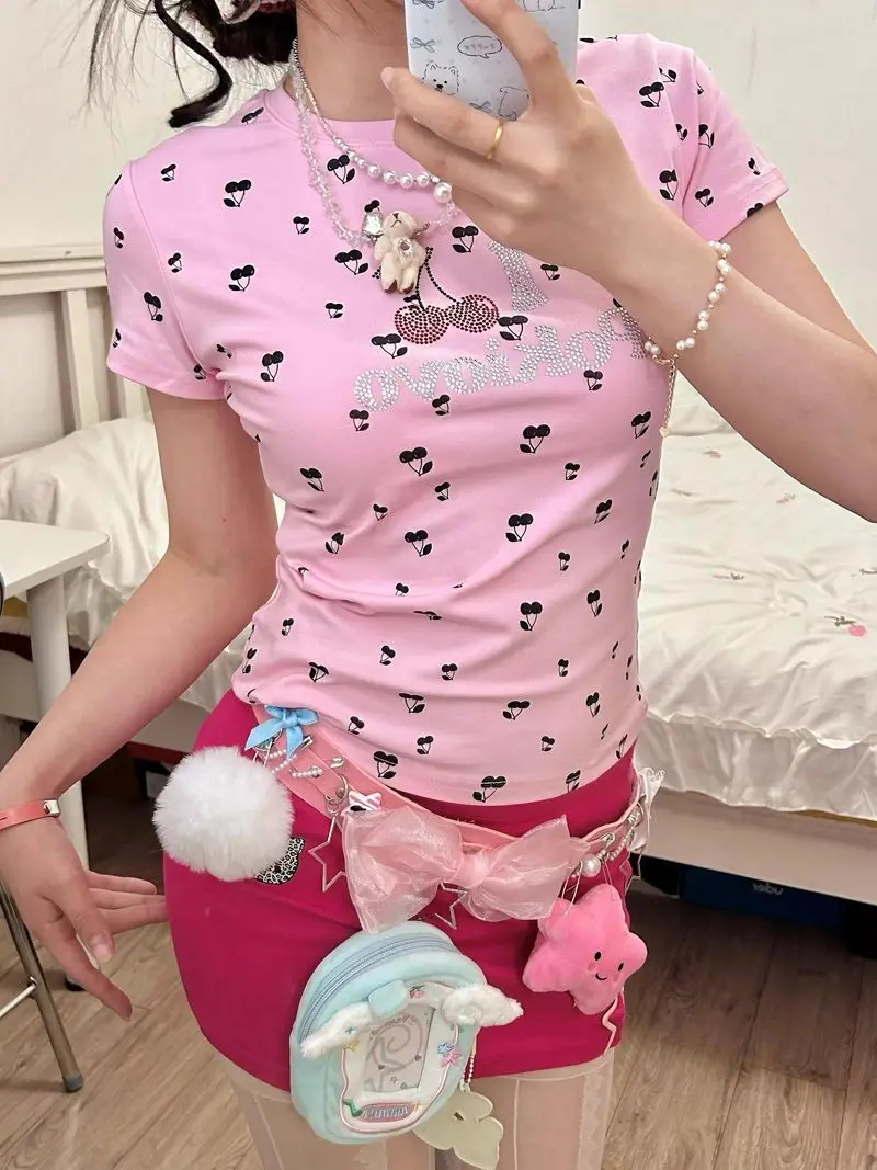Women's Vintage Cherry Print T-Shirt Pink Dopamine Summer Tee Slim Fit Short Sleeve Top Crop Tees New Korean Style Clothes 2025
Women's Vintage Cherry Print T-Shirt Pink Dopamine Summer Tee Slim Fit Short Sleeve Top Crop Tees New Korean Style Clothes 2025