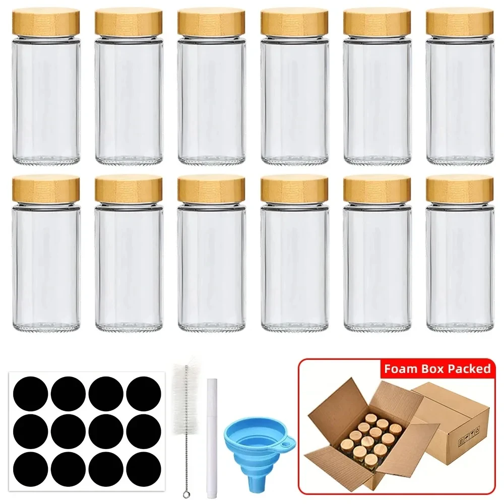 12 pcs Glass Spice Jars with Bamboo Lids Include with Minimalist Spice Labels Stickers Collapsible Funnel Kitchen Spice Jar Set.
12 pcs Glass Spice Jars with Bamboo Lids Include with Minimalist Spice Labels Stickers Collapsible Funnel Kitchen Spice Jar Set.