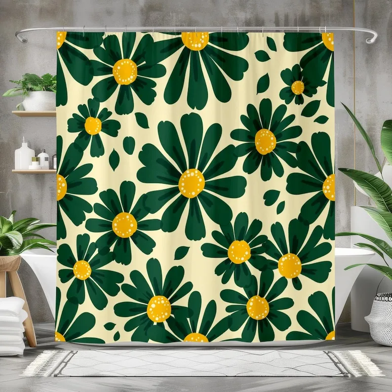 Green Daisy Floral Shower Curtain, Bold Dark Green and Yellow Flowers, Retro Botanical Bathroom Decor, Colorful Nature Gift
Green Daisy Floral Shower Curtain, Bold Dark Green and Yellow Flowers, Retro Botanical Bathroom Decor, Colorful Nature Gift