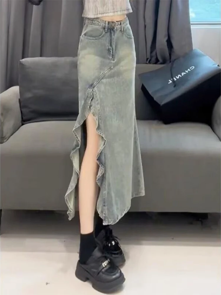 2025 Fashion Retro Denim Skirt Irregular Wave Flounce Slit Fishtail Mermaid Skirt High Waist Slimming Versatile A-Line Skirt
2025 Fashion Retro Denim Skirt Irregular Wave Flounce Slit Fishtail Mermaid Skirt High Waist Slimming Versatile A-Line Skirt