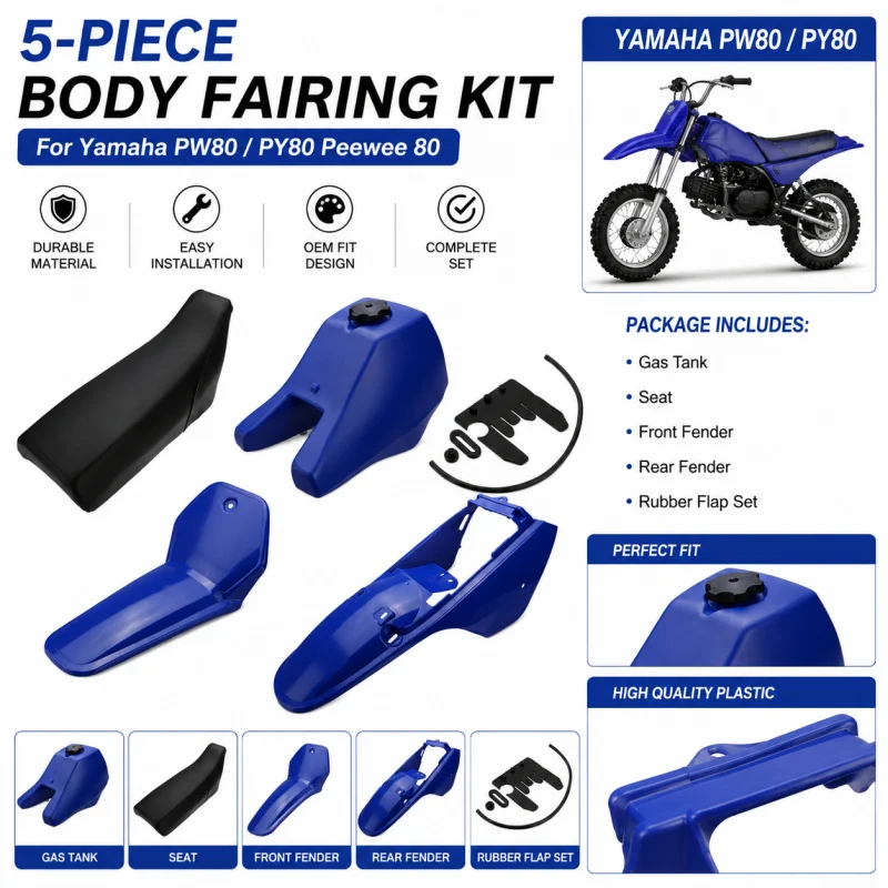 Body Fairing Kit for Yamaha PW80 PY80 Peewee 80, Complete Gas Tank Seat Fender Rubber Flap Set
Body Fairing Kit for Yamaha PW80 PY80 Peewee 80, Complete Gas Tank Seat Fender Rubber Flap Set