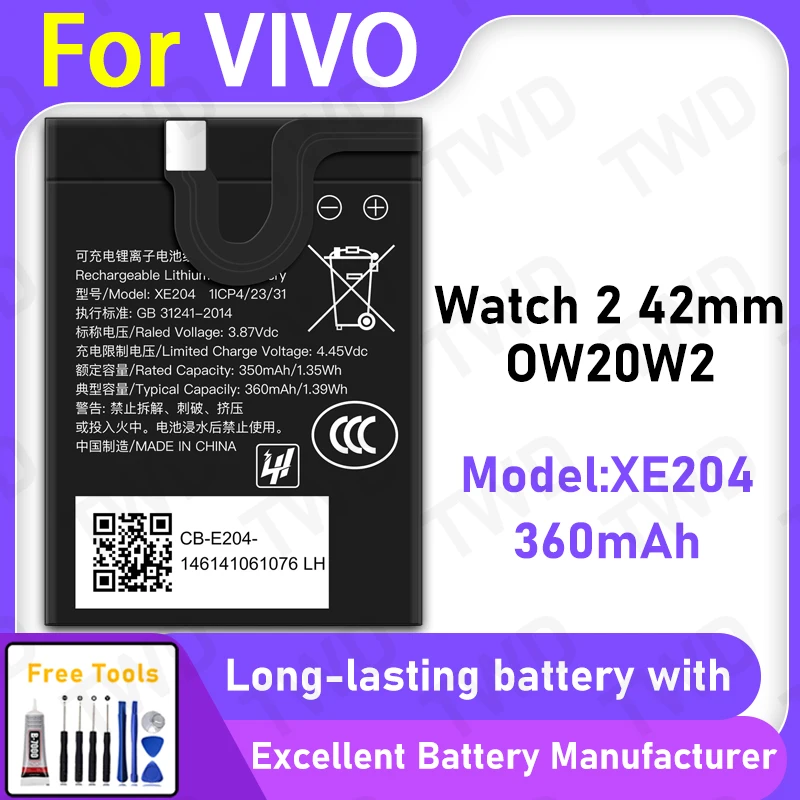 100% New 360mAh XE204 Battery For Vivo Watch 2 42mm Replacement Bateria+Free Tools
100% New 360mAh XE204 Battery For Vivo Watch 2 42mm Replacement Bateria+Free Tools