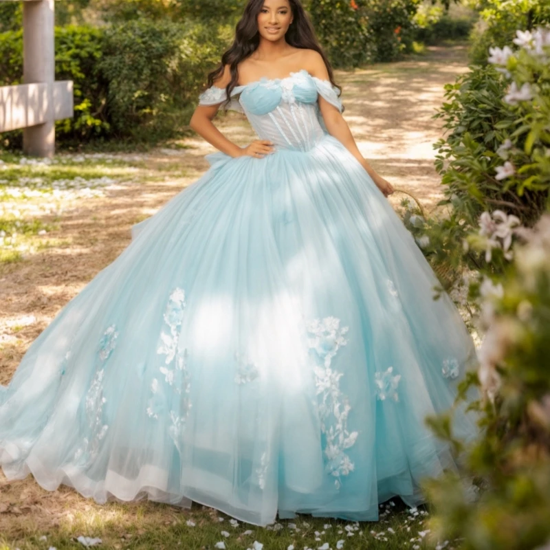 Water Blue Shiny Quinceanera Dresses Ball Gown Off The Shoulder Applique Bow Beading Tull Sweet 16 Dress Vestidos 15 De Anos
Water Blue Shiny Quinceanera Dresses Ball Gown Off The Shoulder Applique Bow Beading Tull Sweet 16 Dress Vestidos 15 De Anos