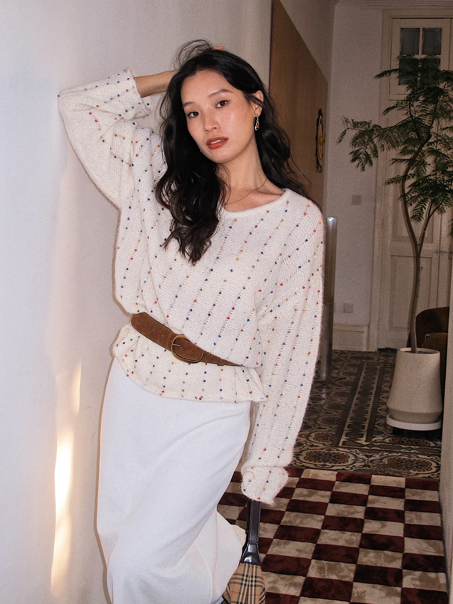 White Loose Thin V-Ne Women's Knitted Sweater Soft Wool Blend Comfortable Base Layer Top for Autumn Season Dot Pattern
White Loose Thin V-Ne Women's Knitted Sweater Soft Wool Blend Comfortable Base Layer Top for Autumn Season Dot Pattern