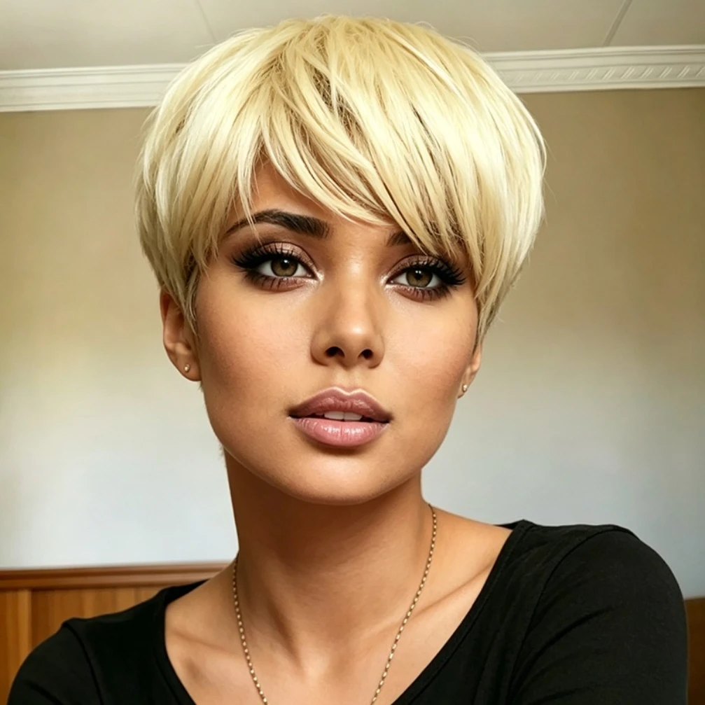 613 Honey Blonde Color Short Straight Pixie Cut Human Hair Wigs With Bangs for Women Full Machine Made Wig 150% Density
613 Honey Blonde Color Short Straight Pixie Cut Human Hair Wigs With Bangs for Women Full Machine Made Wig 150% Density