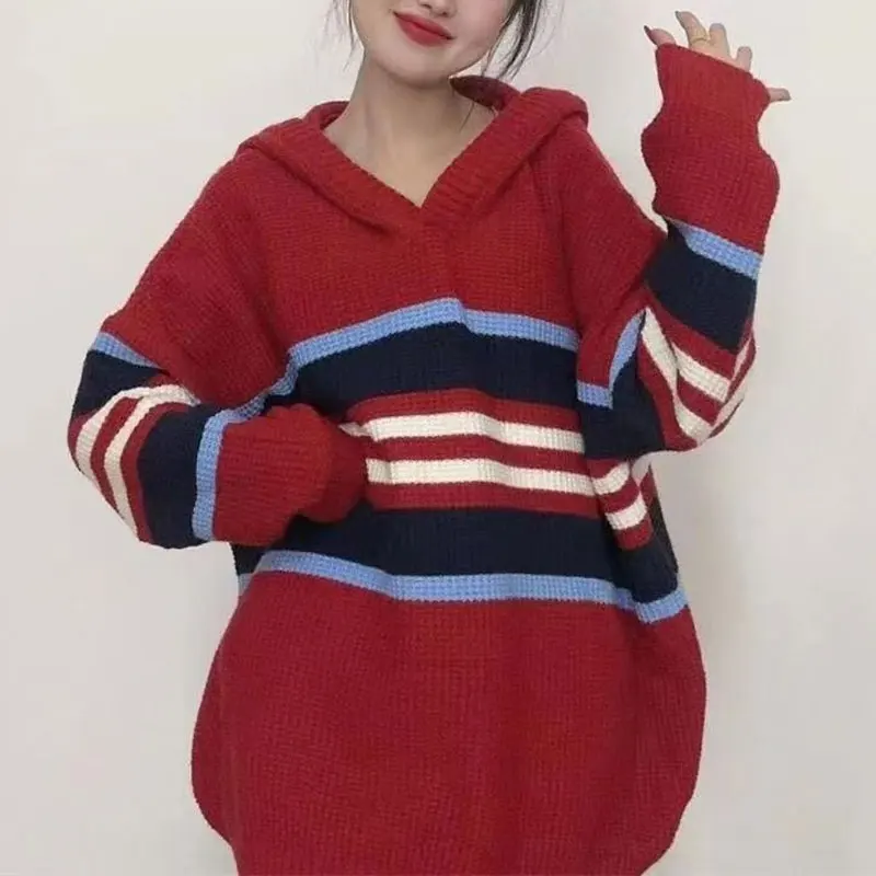 Casual Korean Striped Hooded Sweaters Women's Clothing Fashion Contrasting Colors Spliced Autumn Winter Loose Knitted Jumpers
Casual Korean Striped Hooded Sweaters Women's Clothing Fashion Contrasting Colors Spliced Autumn Winter Loose Knitted Jumpers