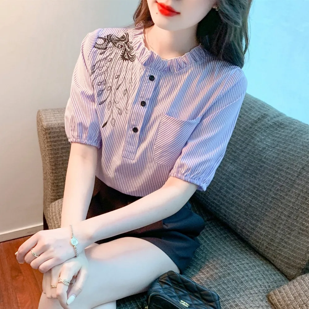 Summer New Arrival Embroidered Women's Short Sleeve Striped Base Shirt Versatile Embroidered Collar Loose Top
Summer New Arrival Embroidered Women's Short Sleeve Striped Base Shirt Versatile Embroidered Collar Loose Top