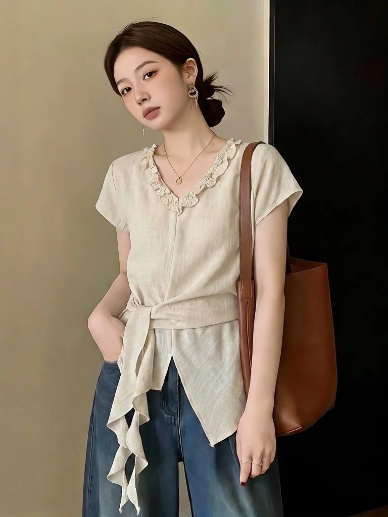 Chic V-Neck Shoulder Shirt Women's plus Size Summer New Style Big Flounce Waist Shaping Top Korean Style Commute Wind Loose Fit
Chic V-Neck Shoulder Shirt Women's plus Size Summer New Style Big Flounce Waist Shaping Top Korean Style Commute Wind Loose Fit