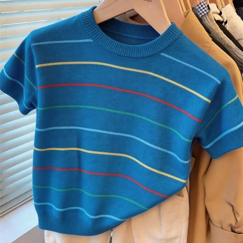 Children's Rainbow Stripe Short Sleeve Knitted T-shirt Base 2026 Summer Dress for Boys and Girls Thin Soft Top
Children's Rainbow Stripe Short Sleeve Knitted T-shirt Base 2026 Summer Dress for Boys and Girls Thin Soft Top