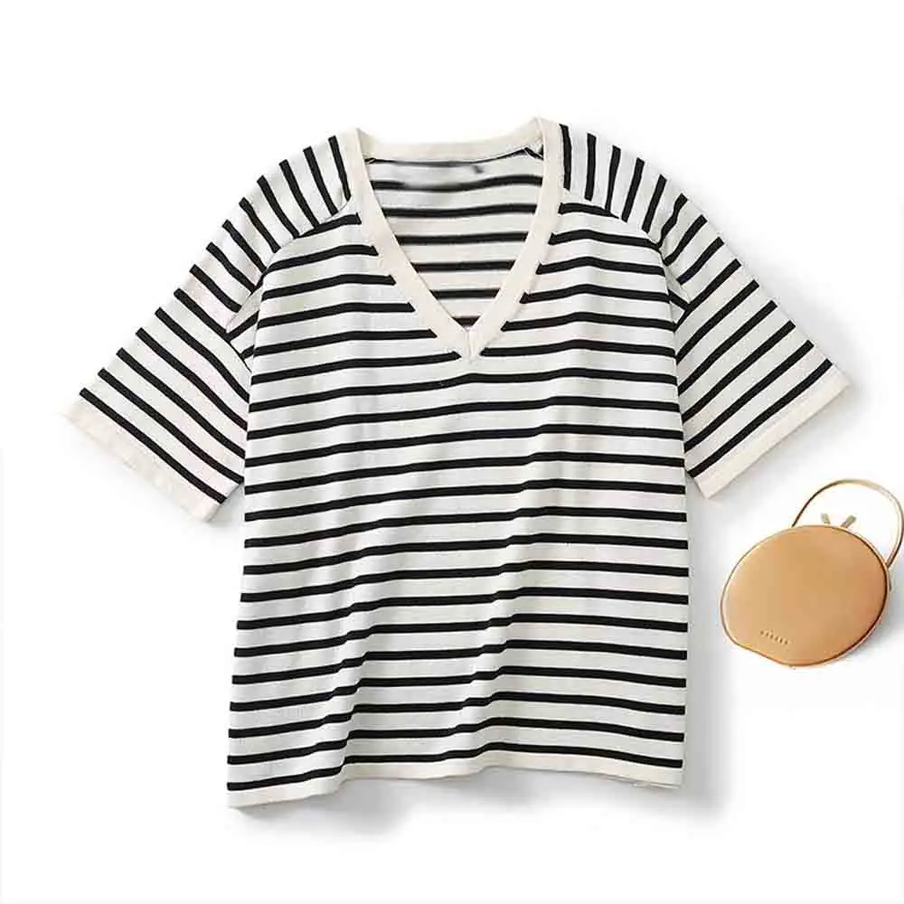 Women 2024 Spring New Fashion Casual Striped Short Sleeve Chic V-neck All-match Loose Female Top Mujer
Women 2024 Spring New Fashion Casual Striped Short Sleeve Chic V-neck All-match Loose Female Top Mujer