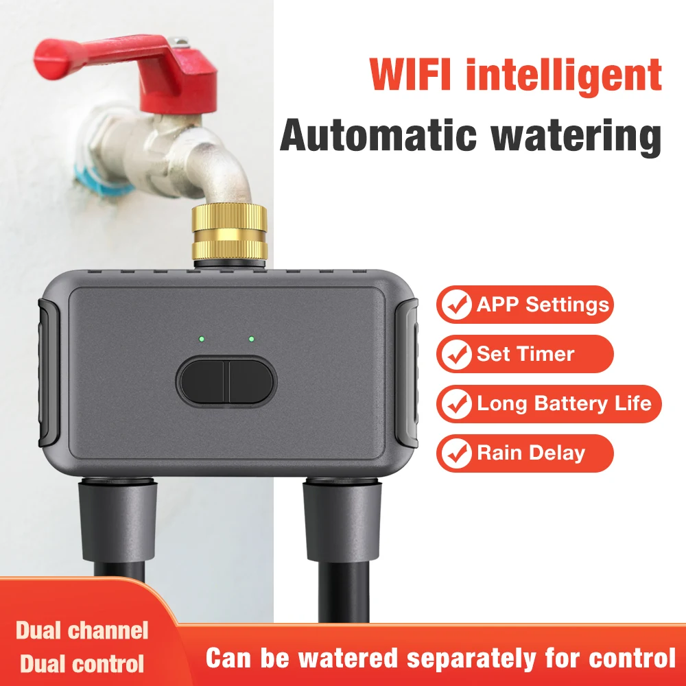 WIFI Smart Garden Watering Timers 2 Outlet Sprinkler Drip Irrigation Controller Water Valve Rain Delay Programmable Controllers
WIFI Smart Garden Watering Timers 2 Outlet Sprinkler Drip Irrigation Controller Water Valve Rain Delay Programmable Controllers