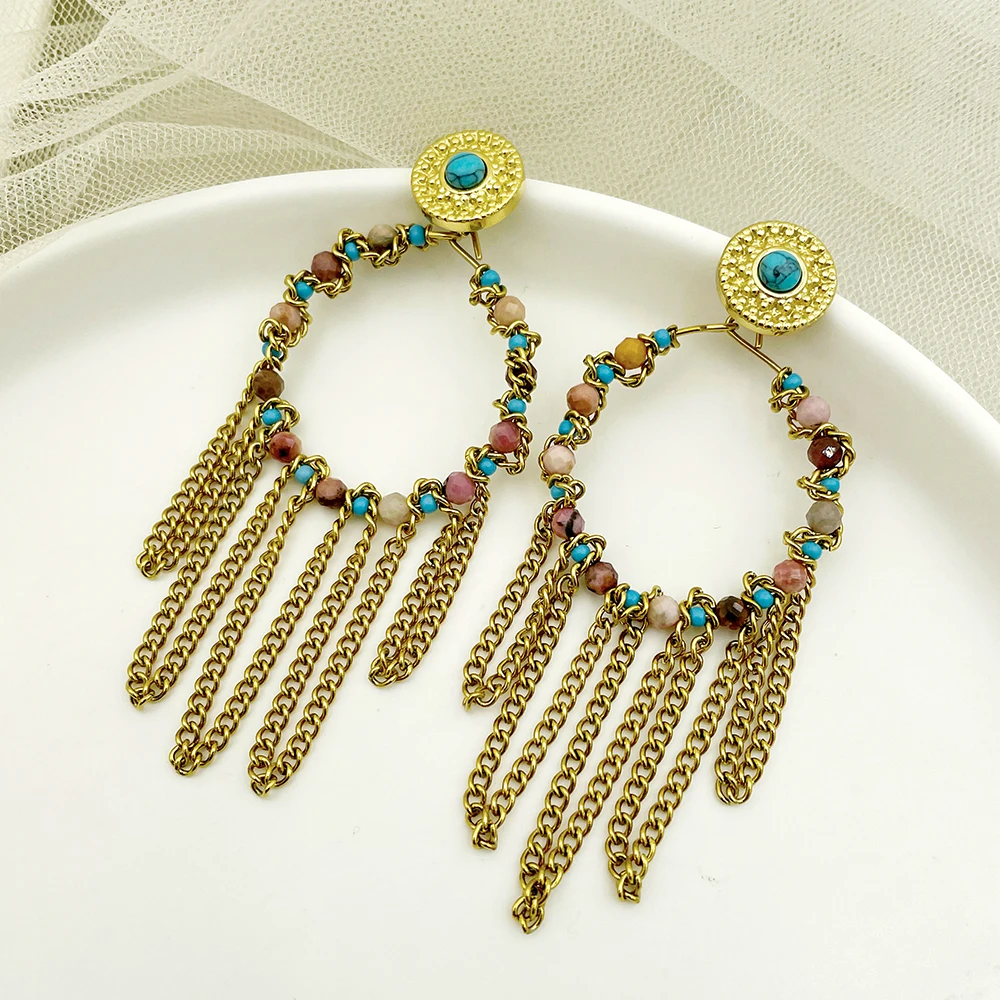 May@RZ Boho Handmade Tassels Charms Stainless Steel Hoop Earring For Women's Fashion Jewelry Elegant 14k Gold Plated Earring
May@RZ Boho Handmade Tassels Charms Stainless Steel Hoop Earring For Women's Fashion Jewelry Elegant 14k Gold Plated Earring